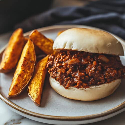 A close-up of a sloppy joe sandwich with a side of seasoned potato wedges on a ceramic plate.
