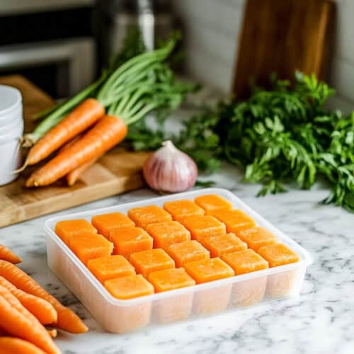 Frozen cubes of Hidden Veggie Carrot and Onion Puree in a container on a marble counter, surrounded by fresh carrots, garlic, and parsley.