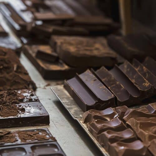A detailed shot of assorted chocolates and confections and marbled chocolate bark, in a bakery display.