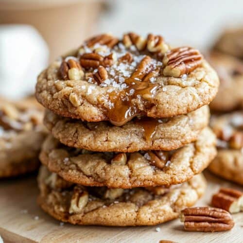 Maple brown sugar pecan cookies drizzled with caramel and sprinkled with sea salt, stacked on a wooden board.