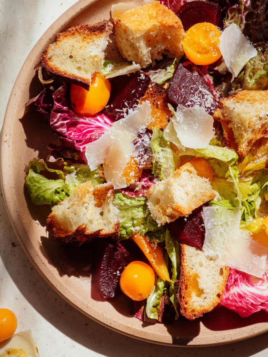 Spring salad with garlic confit beets, halved kumquats, torn butter lettuce, pink radicchio, Tomme cheese, and focaccia croutons on a stone plate