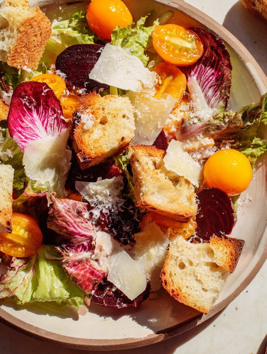 Spring salad with garlic confit beets, halved kumquats, torn butter lettuce, pink radicchio, Tomme cheese, and focaccia croutons on a stone plate