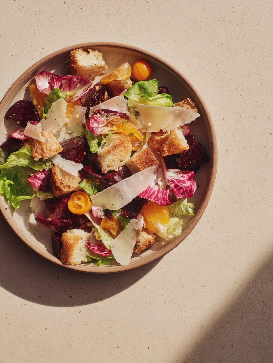 Spring salad with garlic confit beets, halved kumquats, torn butter lettuce, pink radicchio, Tomme cheese, and focaccia croutons on a stone plate